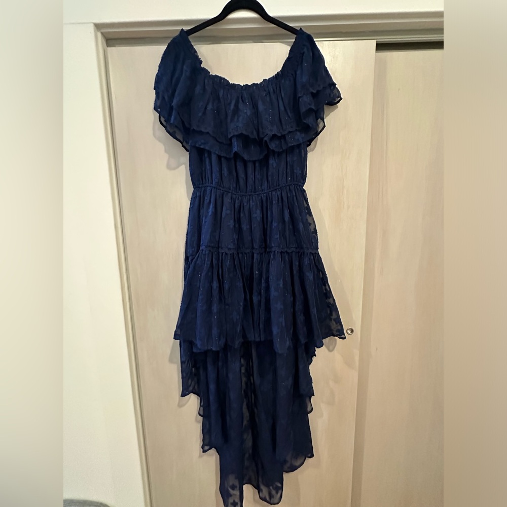 Aeom Navy Blue Off the Shoulder High Low Lace Dress